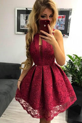 Halter Jewel Keyhole Lace Party Dress Burgundy Homecoming Gown